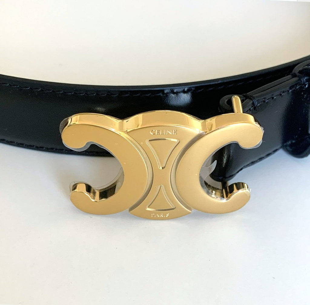 CELINE トリオンフ レザーベルト ブラックxゴールド 25mm幅
