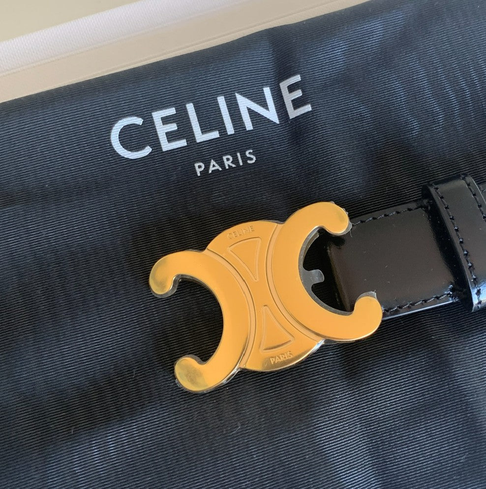 CELINE トリオンフ レザーベルト ブラックxゴールド 25mm幅