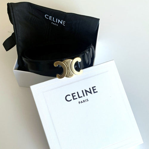 CELINE トリオンフ レザーベルト ブラックxゴールド 25mm幅